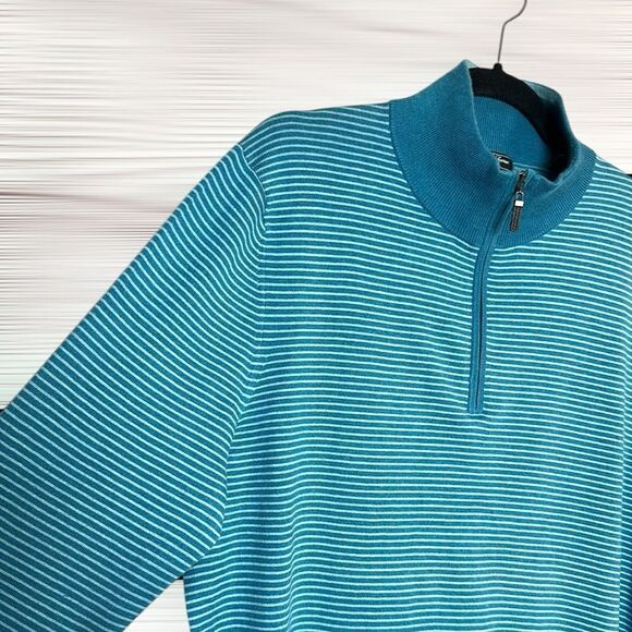 Saks Fifth Avenue Blue Striped Sweater Quarter Zip Silk Cotton Men’s L - Picture 3 of 9